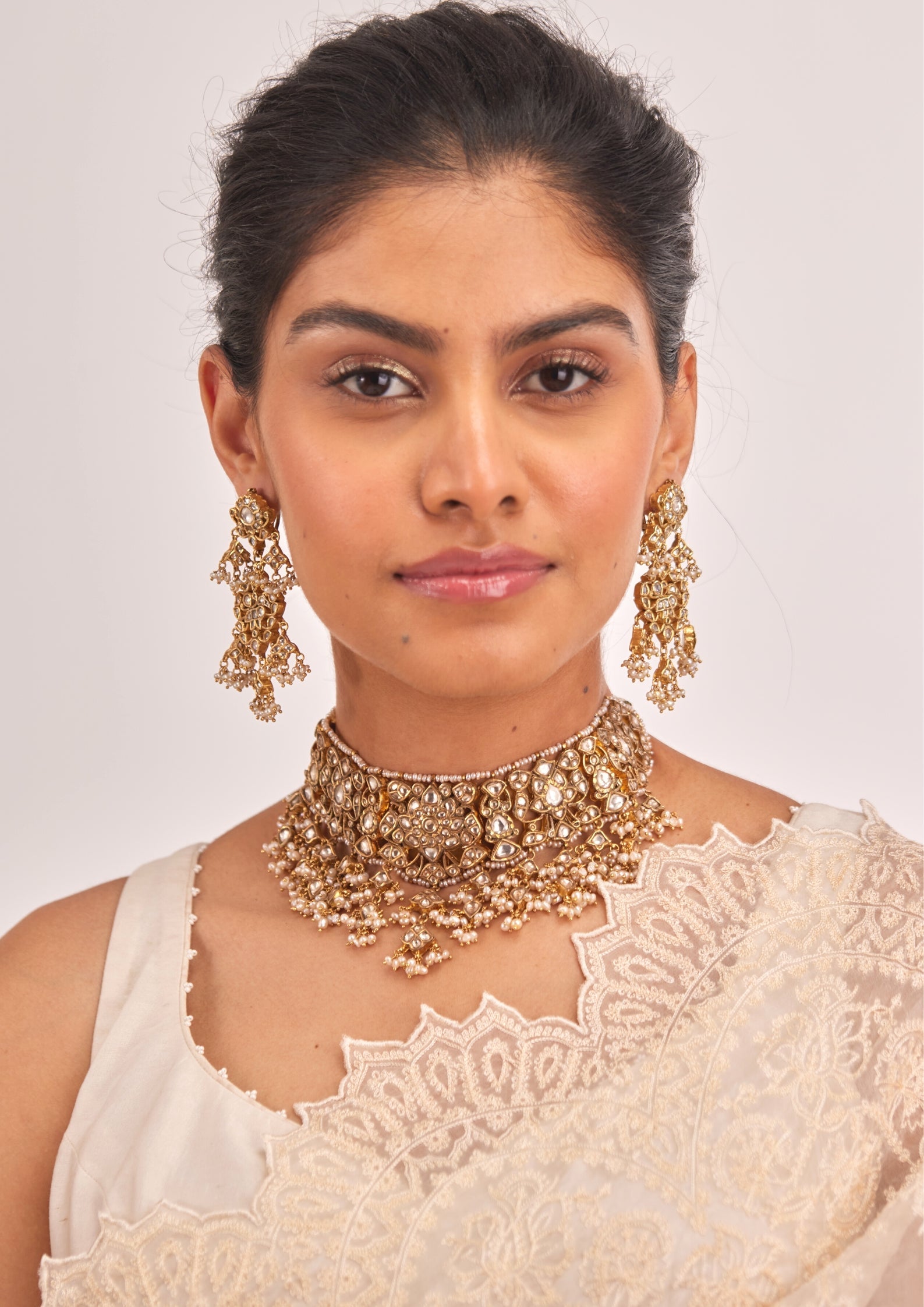 925 Silver Mayanka Polki Choker Necklace Set - Amrrutam