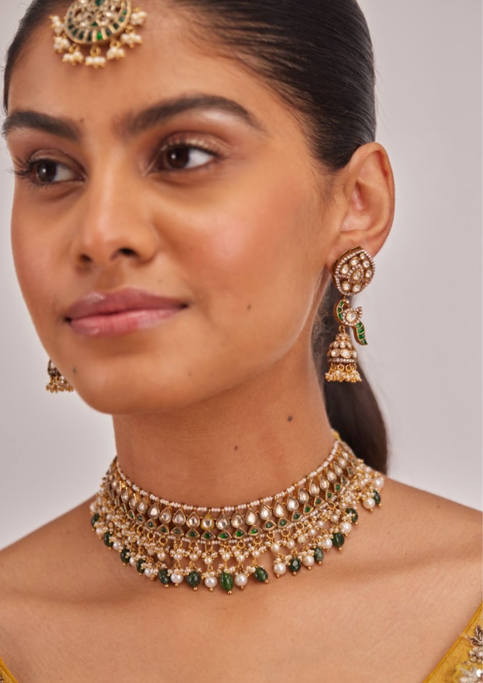 925 Silver Vanamasya Green Rudra Polki Necklace Set - Amrrutam