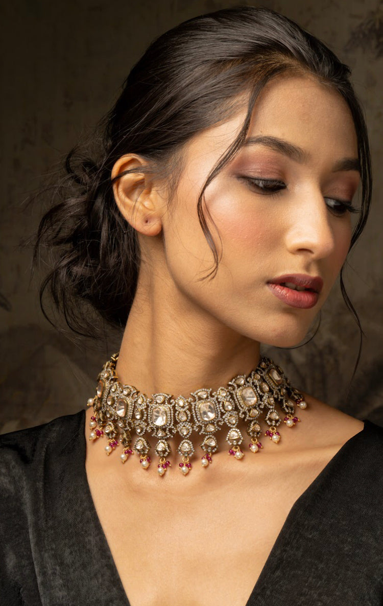 925 Silver Naqksh Polki Choker - Amrrutam 