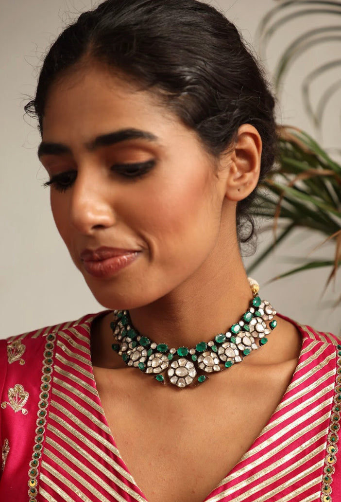 925 Silver Modern Victorian Emerald Polki Choker Necklace - Amrrutam 