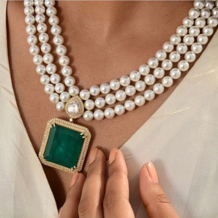 925 Silver Pearl Emerald Long Necklace - Amrrutam