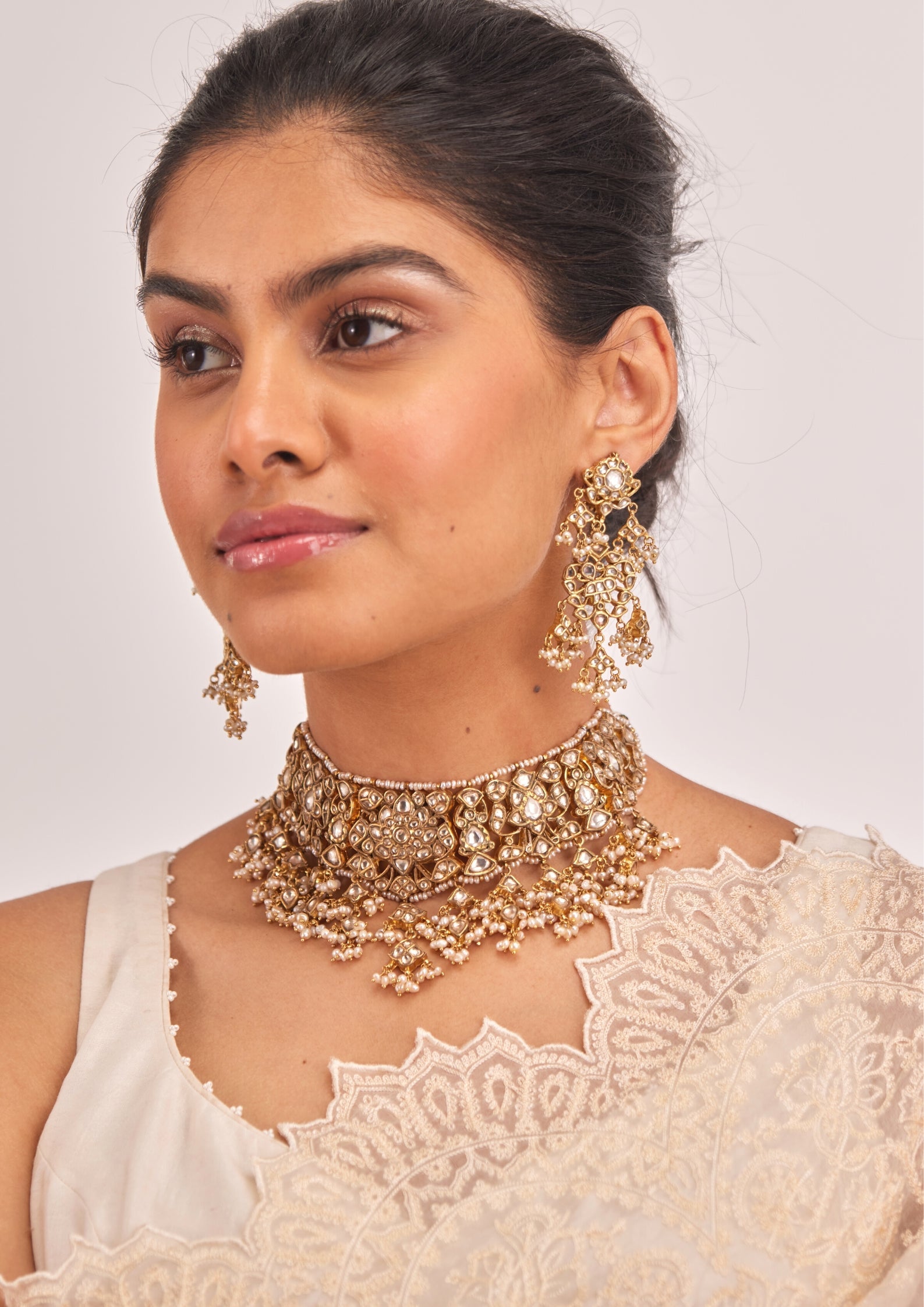 925 Silver Mayanka Polki Choker Necklace Set - Amrrutam