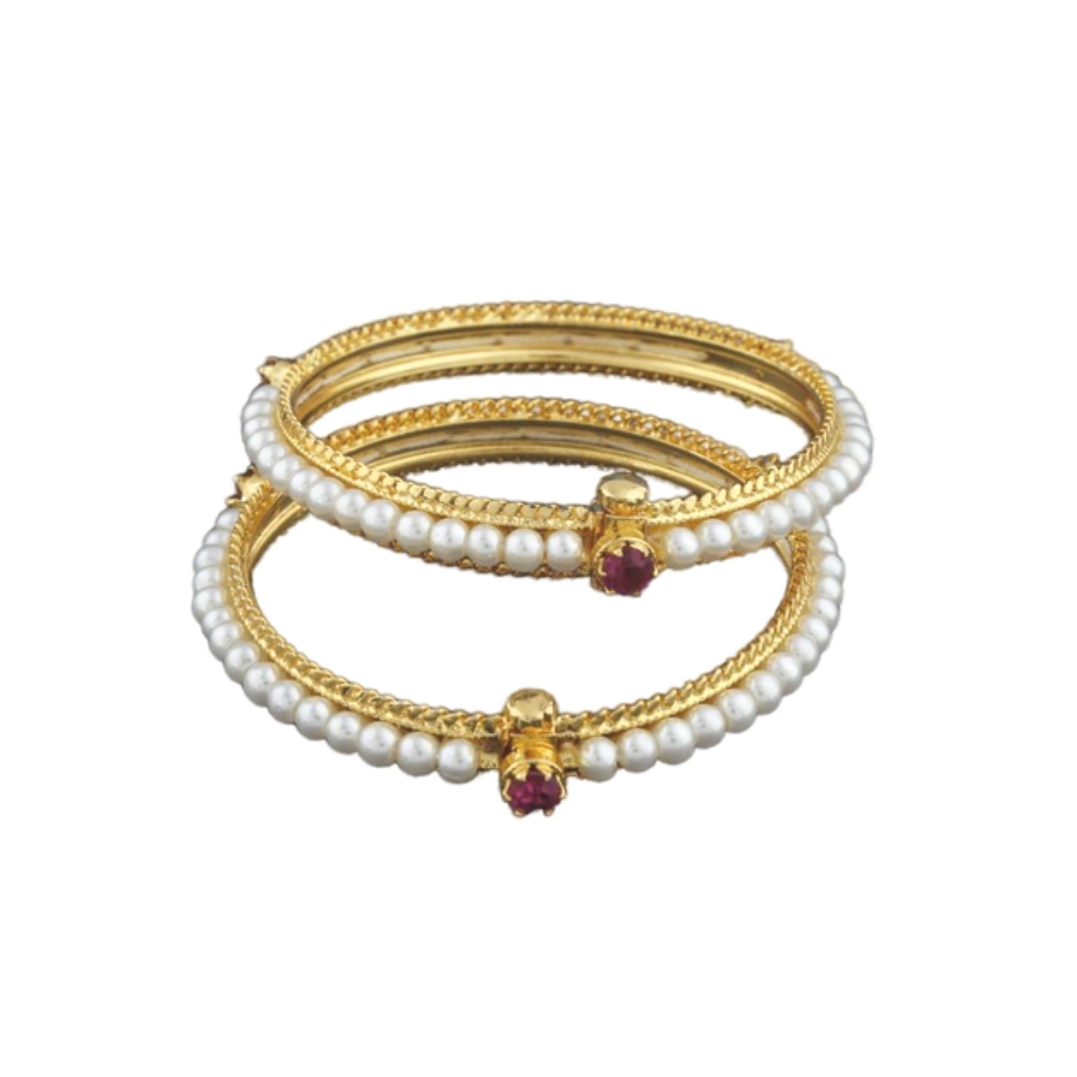 925 Silver Pearl Bangle Set With Ruby - Amrrutam