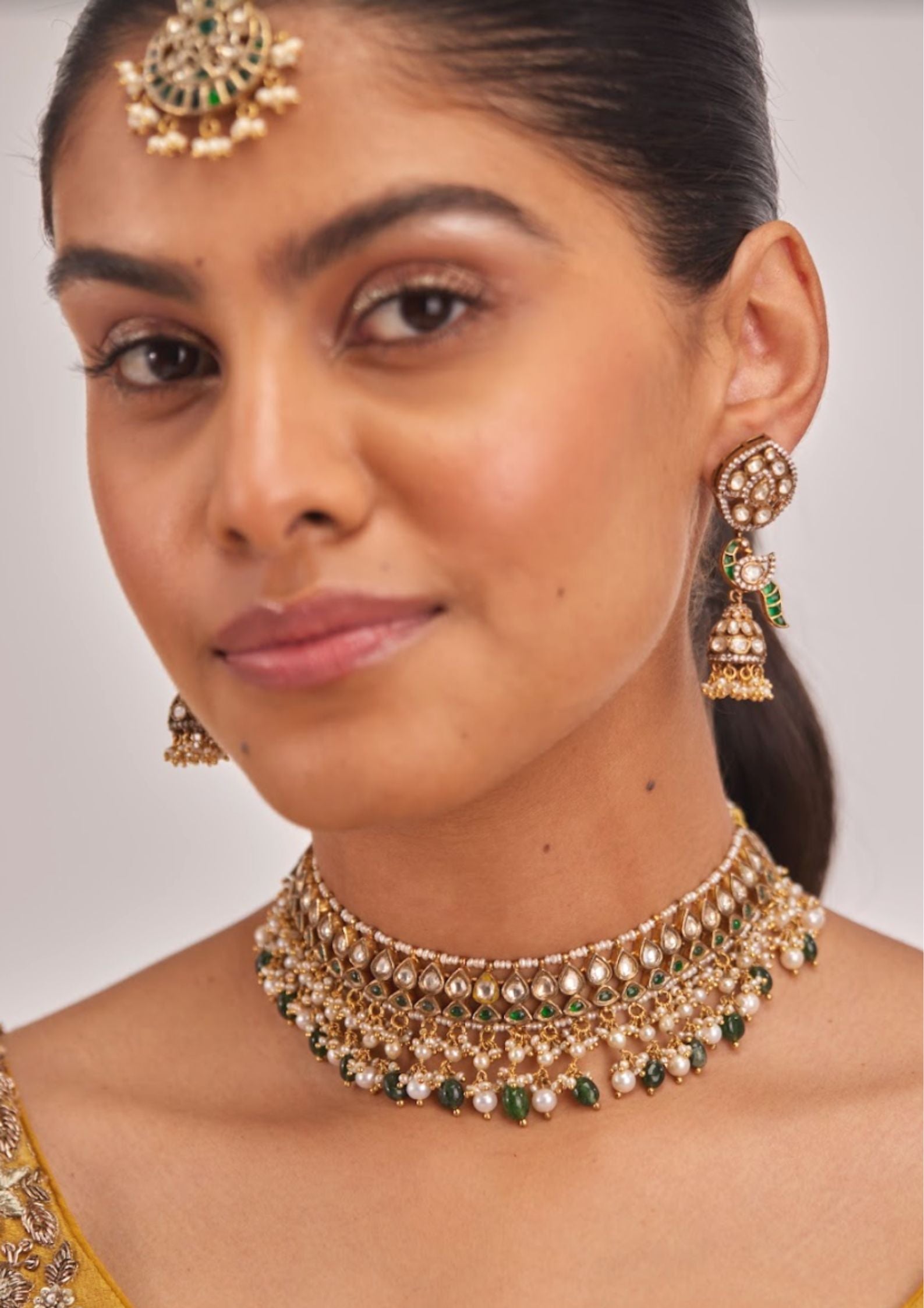 925 Silver Vanamasya Green Rudra Polki Necklace Set - Amrrutam