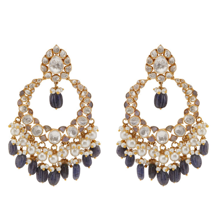 925 Silver Sakiya Polki Tanzanite Chandbali Earring - Amrrutam 