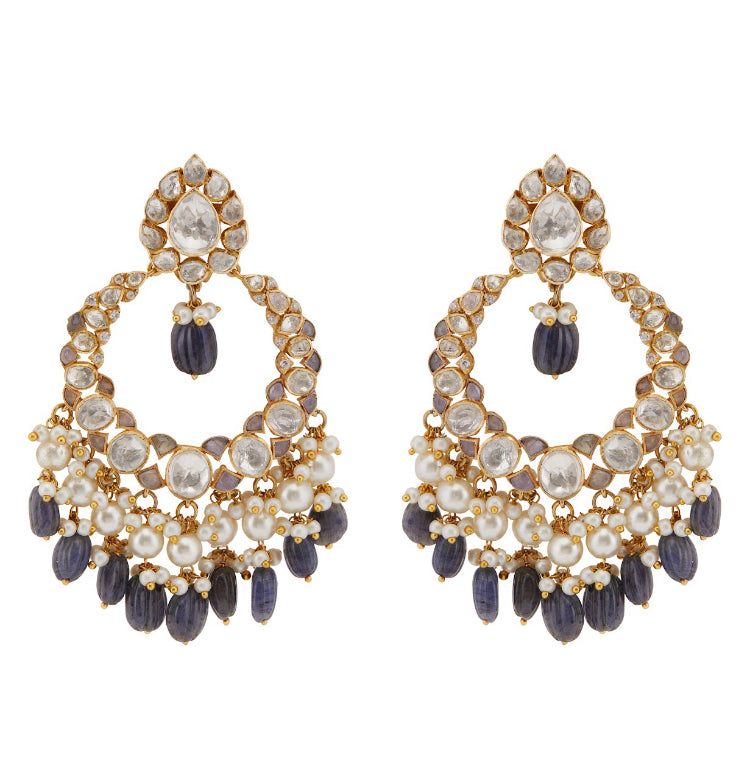 925 Silver Sakiya Polki Tanzanite Chandbali Earring - Amrrutam 