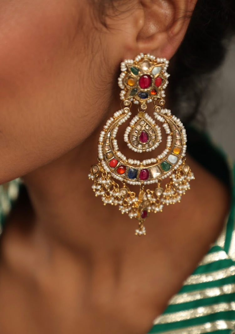 925 Silver Arya Navratan Chandbali Earring - Amrrutam 