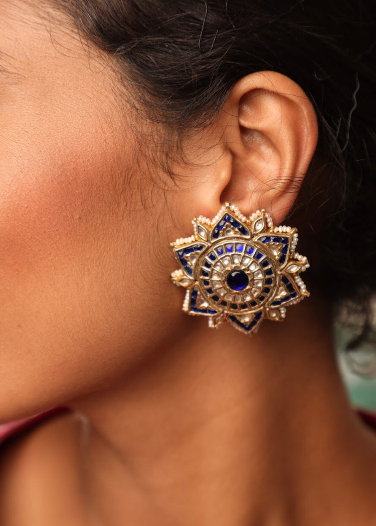 925 Silver Blue Meena Polki Stud Earring - Amrrutam 