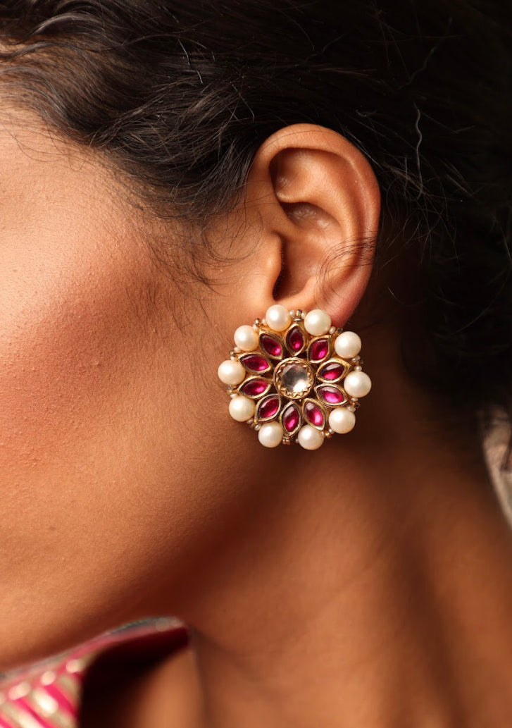 925 Silver Pink Floral Kudan Stud Earring - Amrrutam 