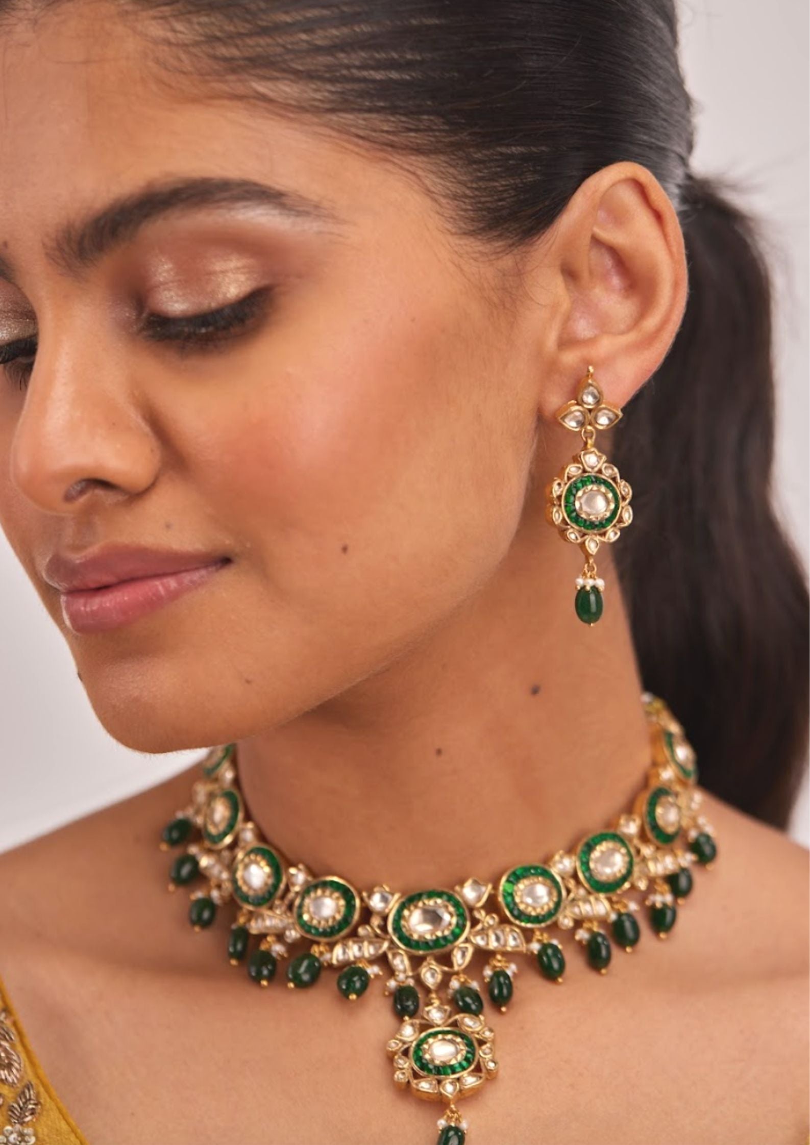 925 Silver Vanamasya Green Bidran Polki Necklace Set - Amrrutam