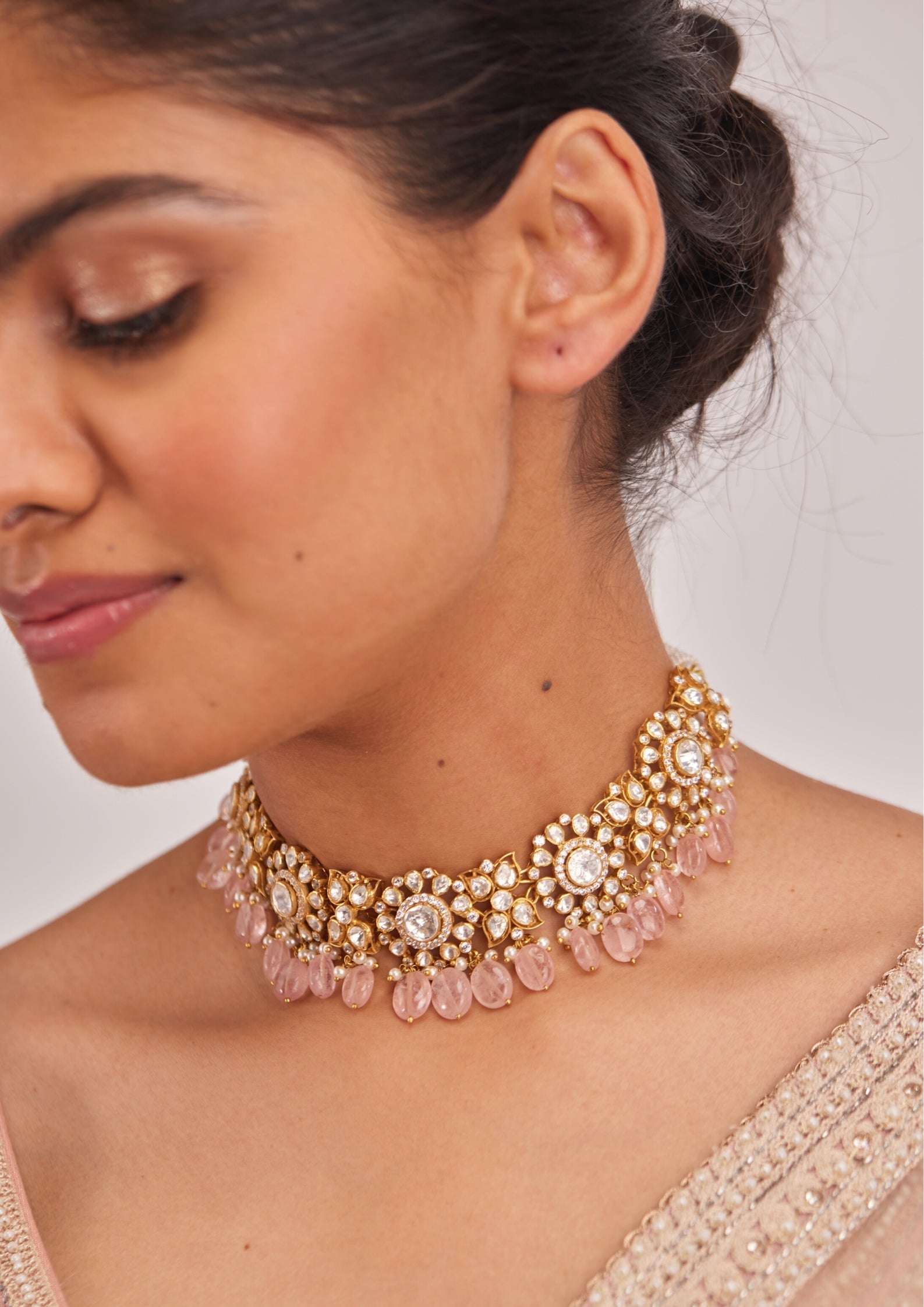 925 Silver Niyuri Pink Polki Choker Necklace Set - Amrrutam