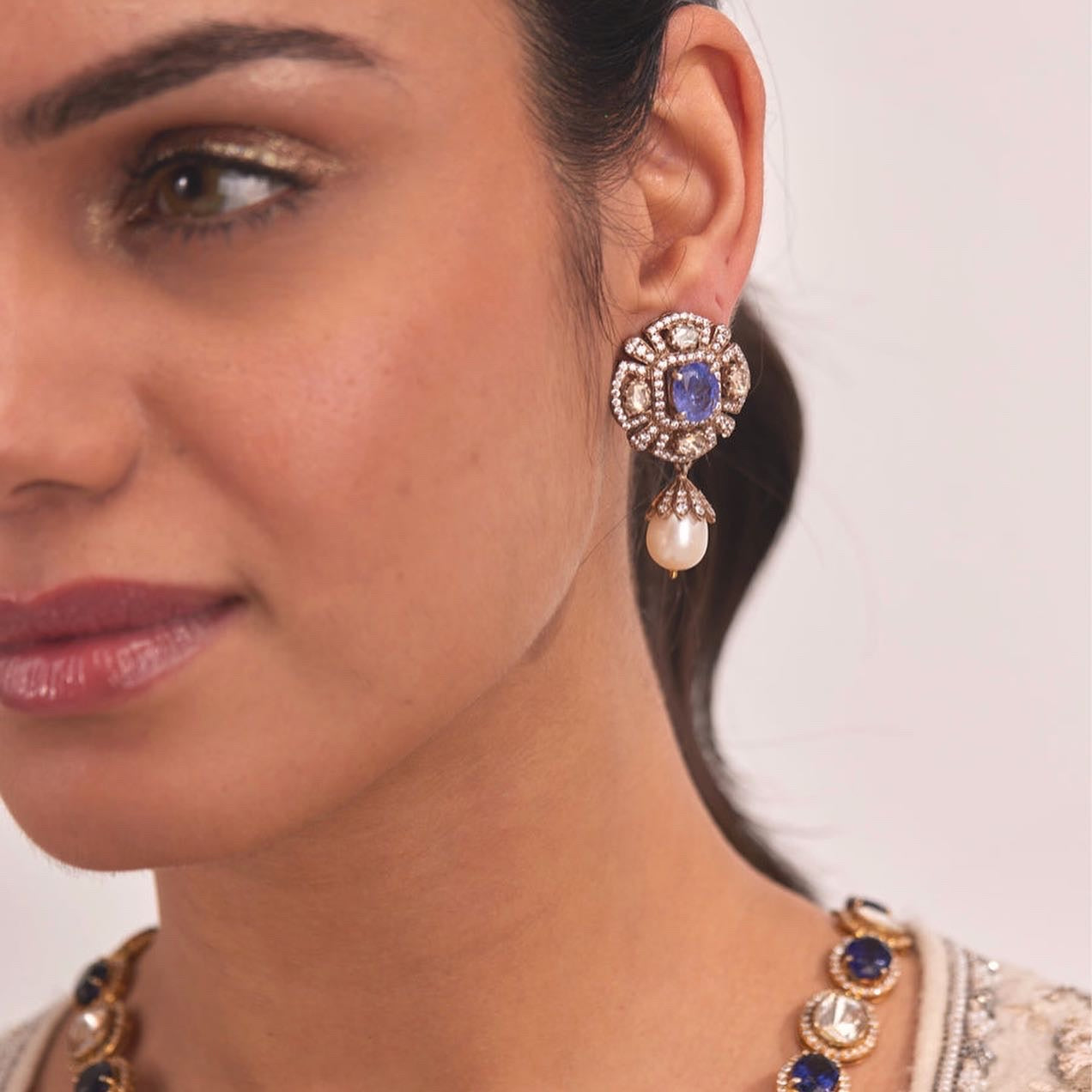 925 Silver Tanzanite Polki Drop Earring - Amrrutam 