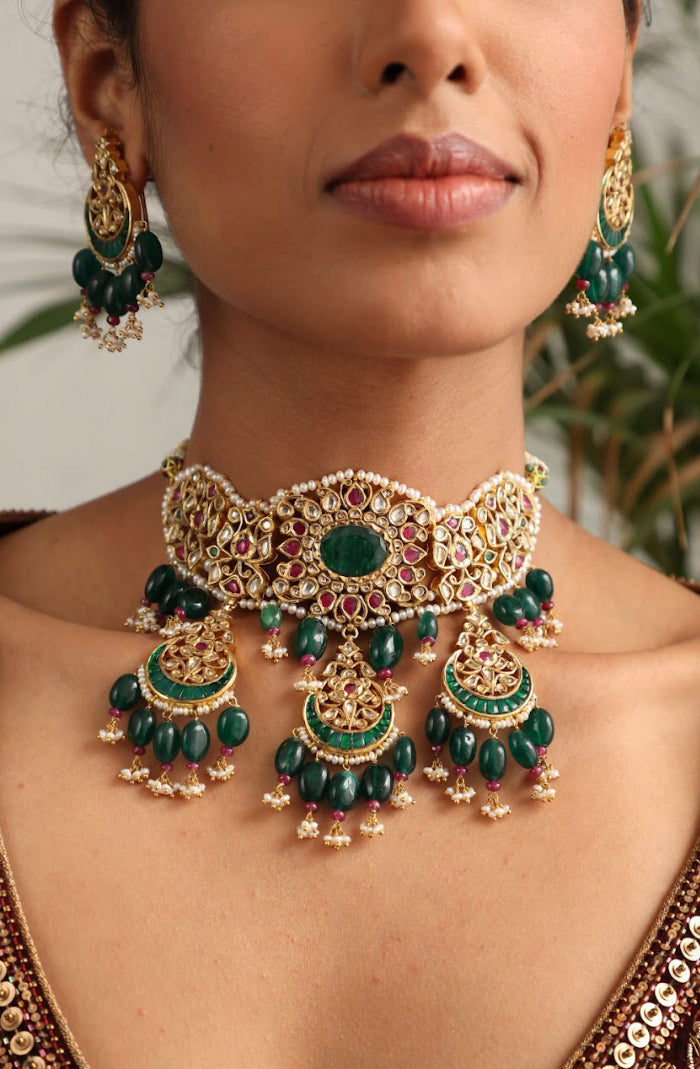 925 Silver Bavara Heera Choker Necklace Set - Amrrutam 