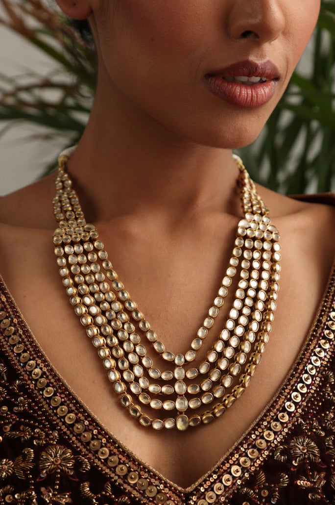925 Silver Bavara Polki Triple Layer Long Necklace - Amrrutam 