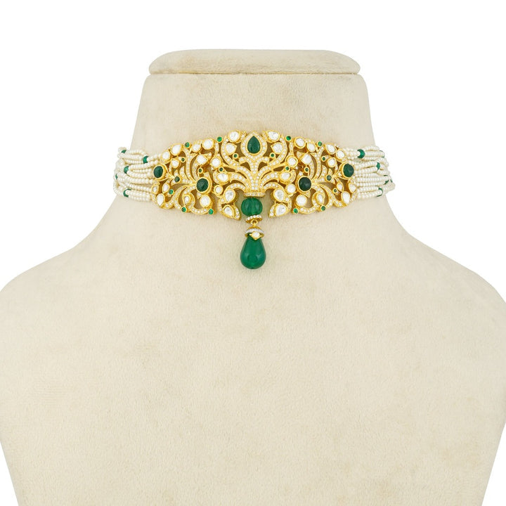 925 Silver Laila Emerald Polki Choker Necklace - Amrrutam 