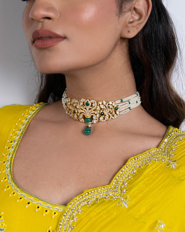 925 Silver Laila Emerald Polki Choker Necklace - Amrrutam 