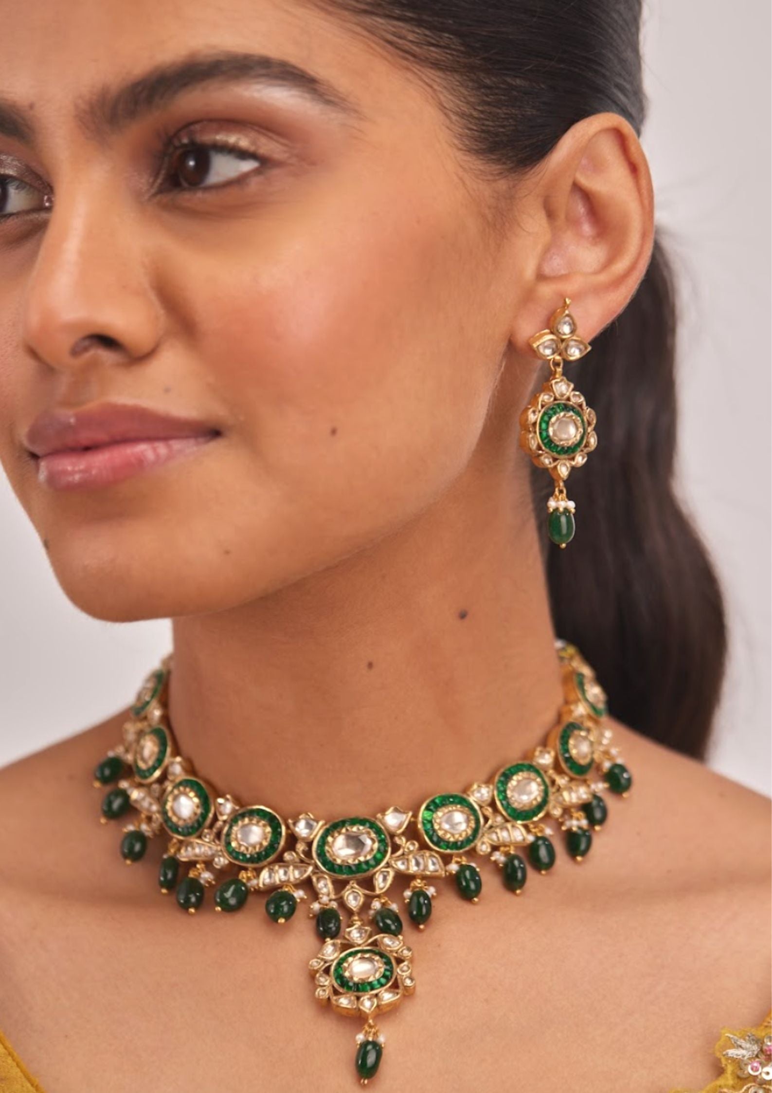 925 Silver Vanamasya Green Bidran Polki Necklace Set - Amrrutam