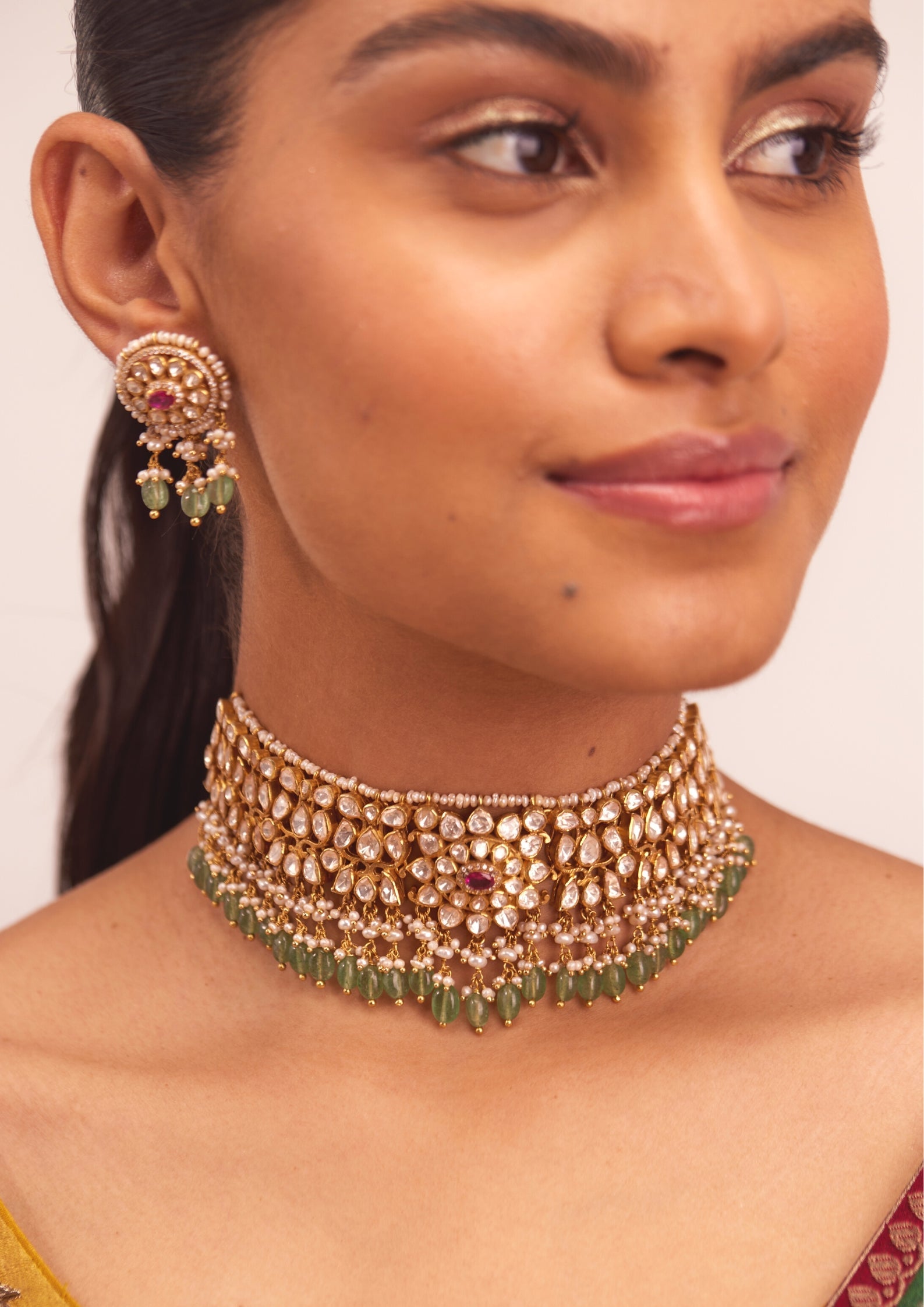 925 Silver Amasvaya Polki Choker Necklace Set - Amrrutam