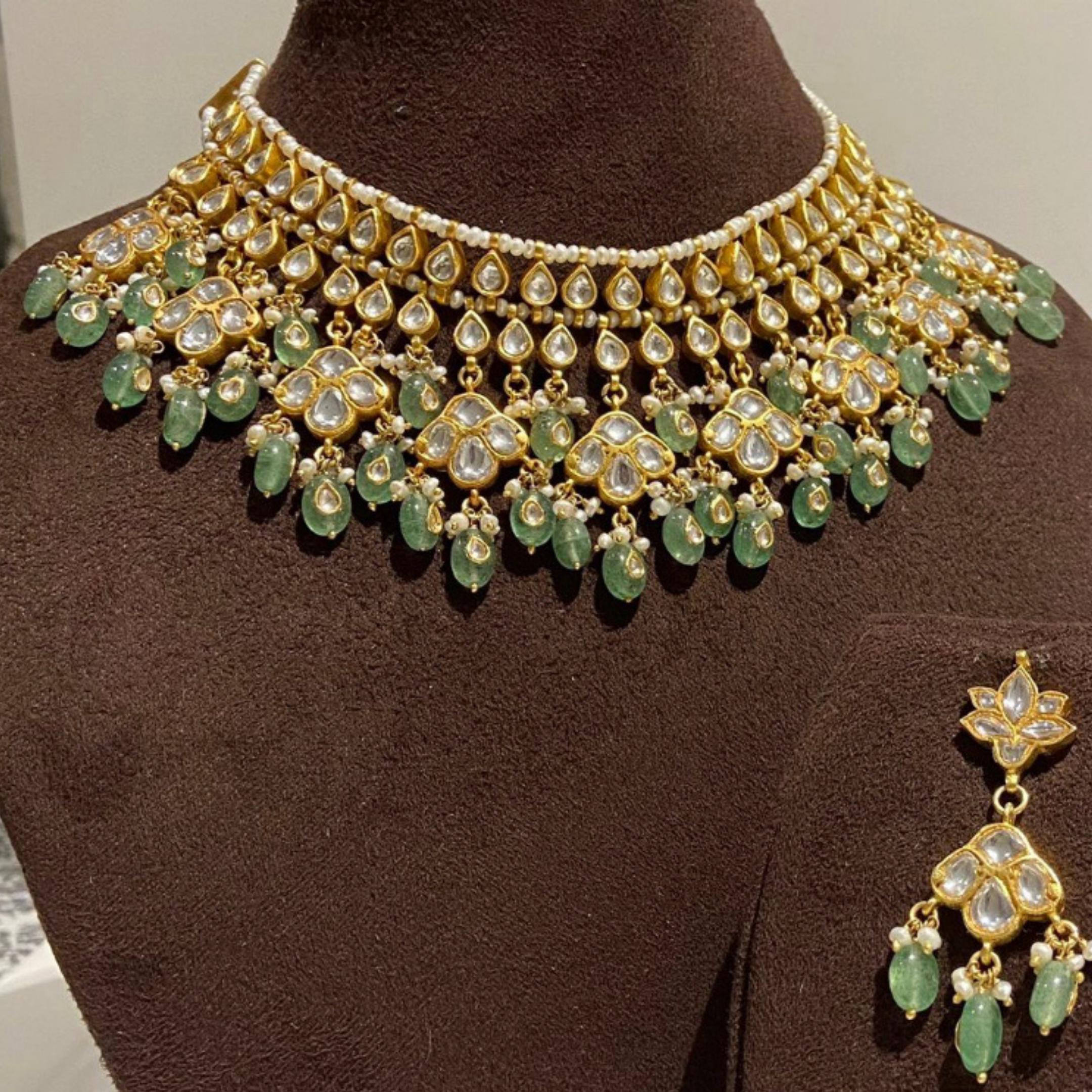925 silver Green Polki Necklace Set - Amrrutam