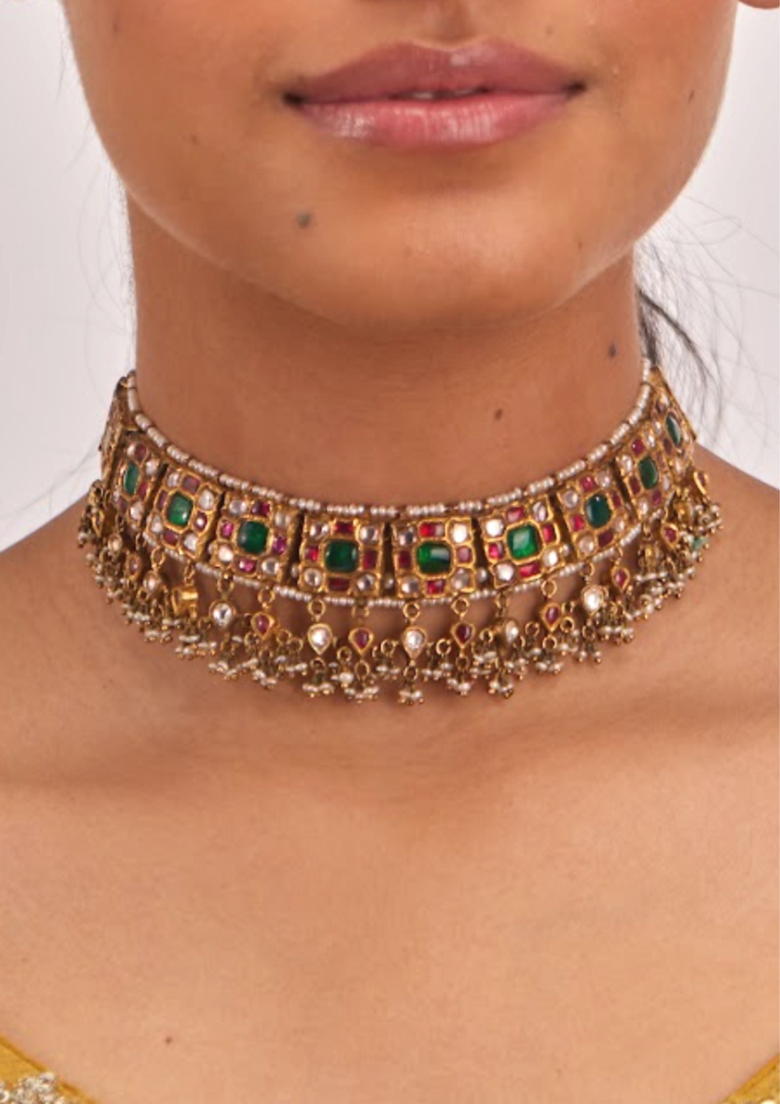 925 Silver Vanamasya Red & Green Polki Necklace - Amrrutam