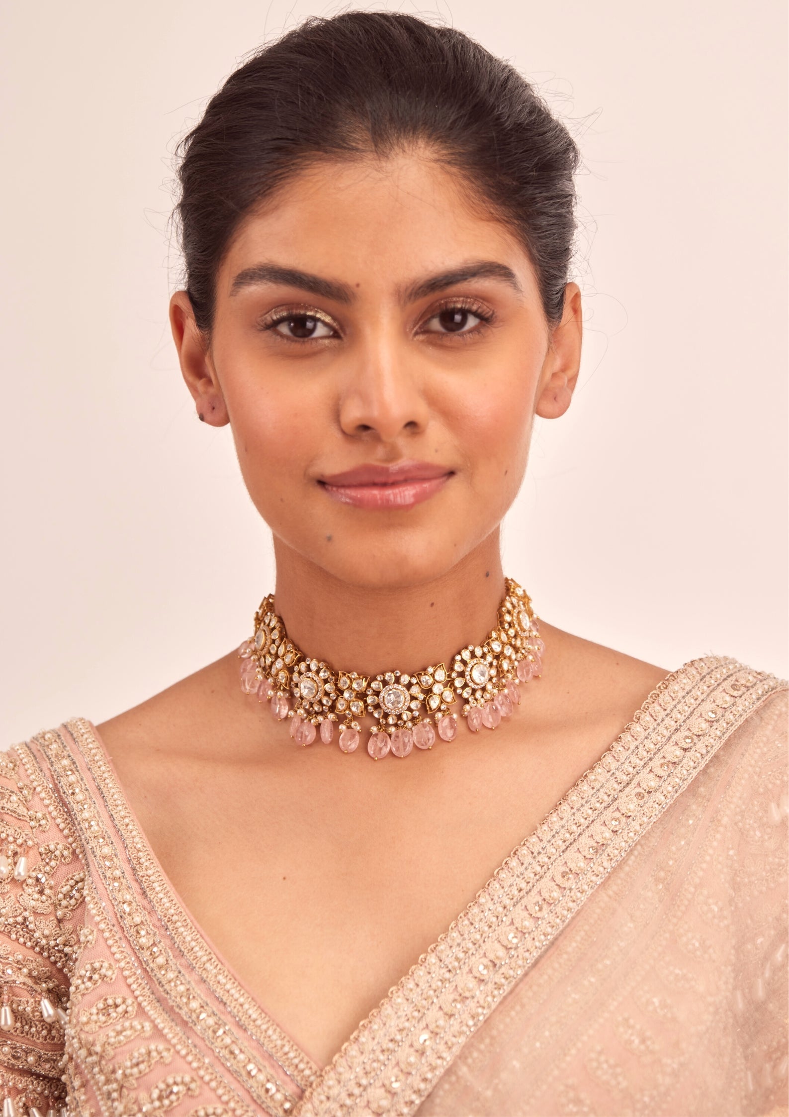 925 Silver Niyuri Pink Polki Choker Necklace Set - Amrrutam