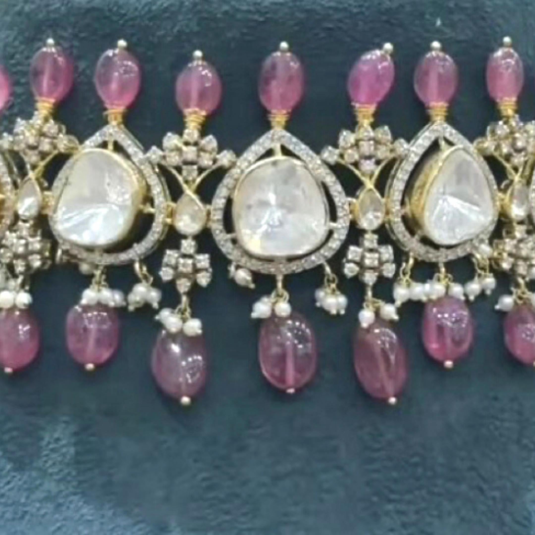 925 Silver Rani Polki Choker With Pink Beads - Amrrutam