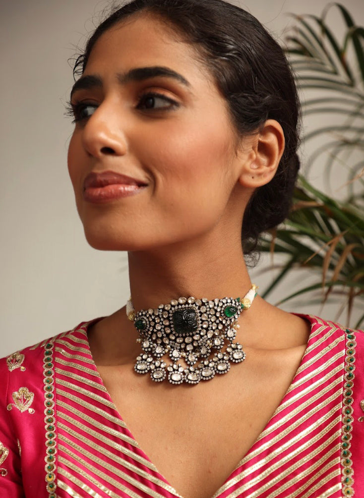 925 Silver Victorian Emerald Opala Choker Necklace - Amrrutam 