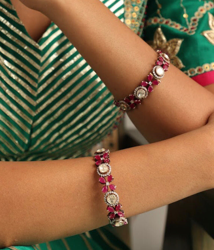 925 Silver Floral Kora Ruby Bangle - Amrrutam 
