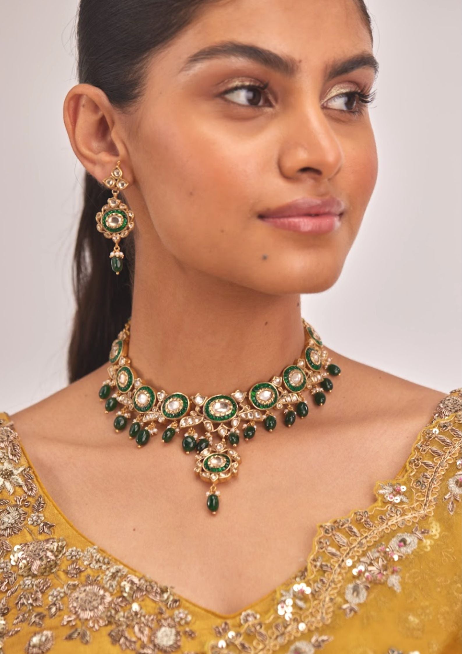 925 Silver Vanamasya Green Bidran Polki Necklace Set - Amrrutam