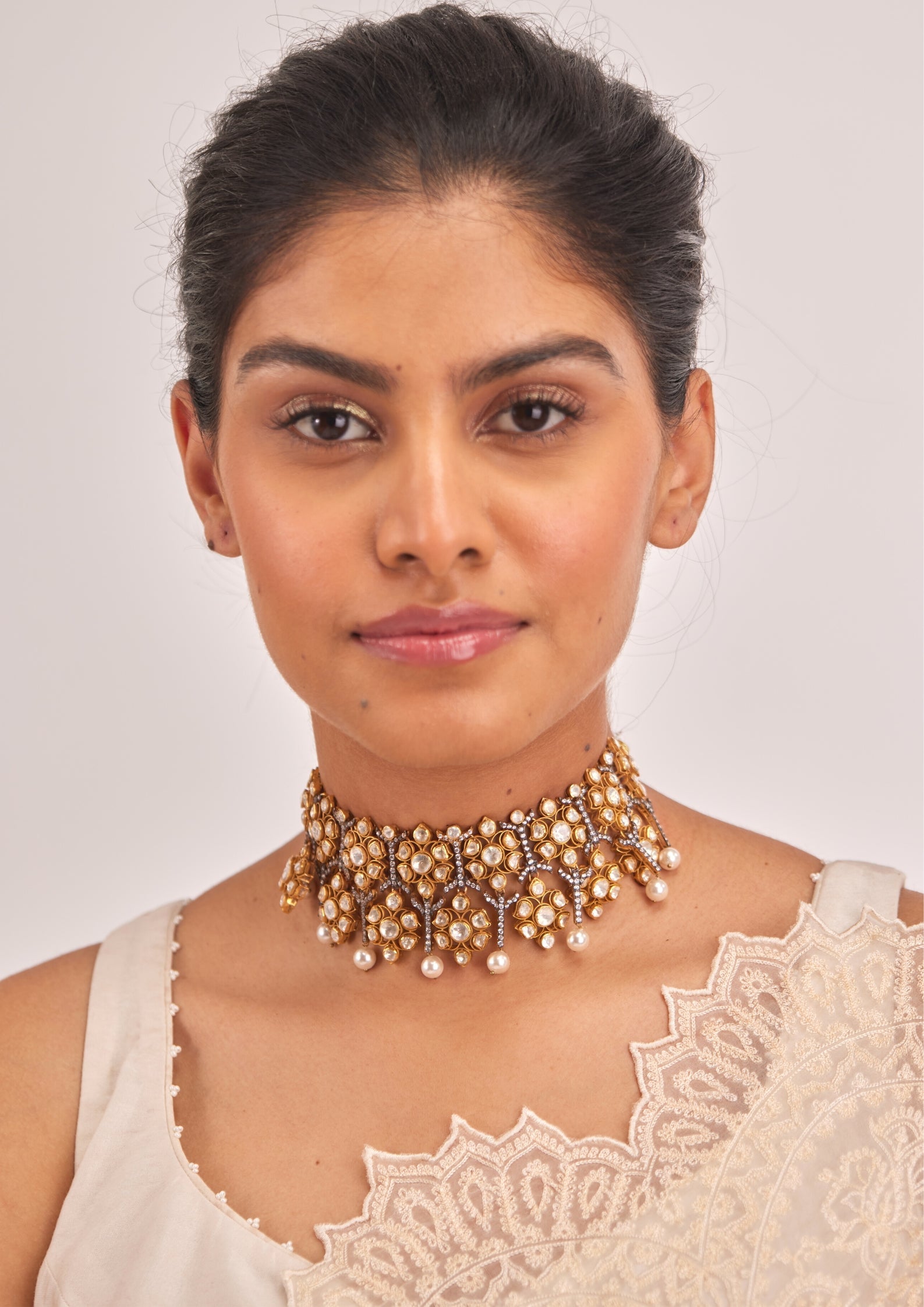 925 Silver Victorian Dual Tone Polki Choker Necklace - Amrrutam