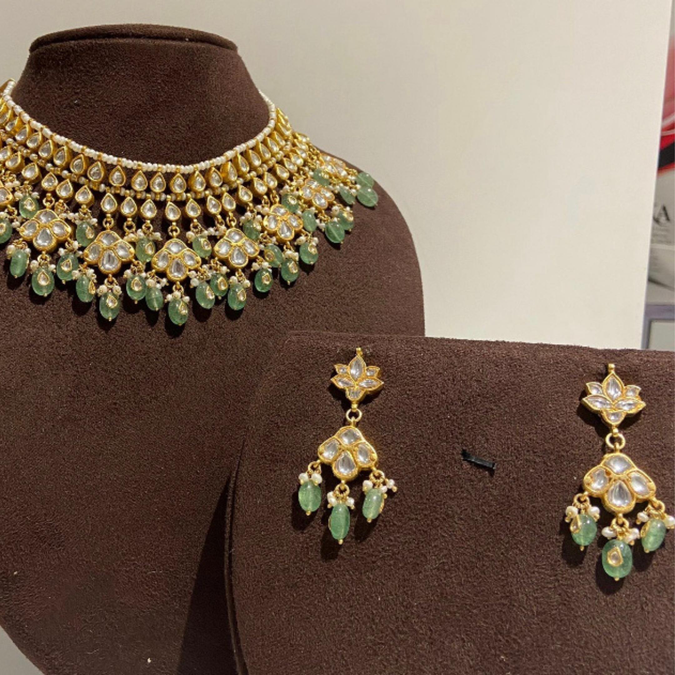 925 silver Green Polki Necklace Set - Amrrutam