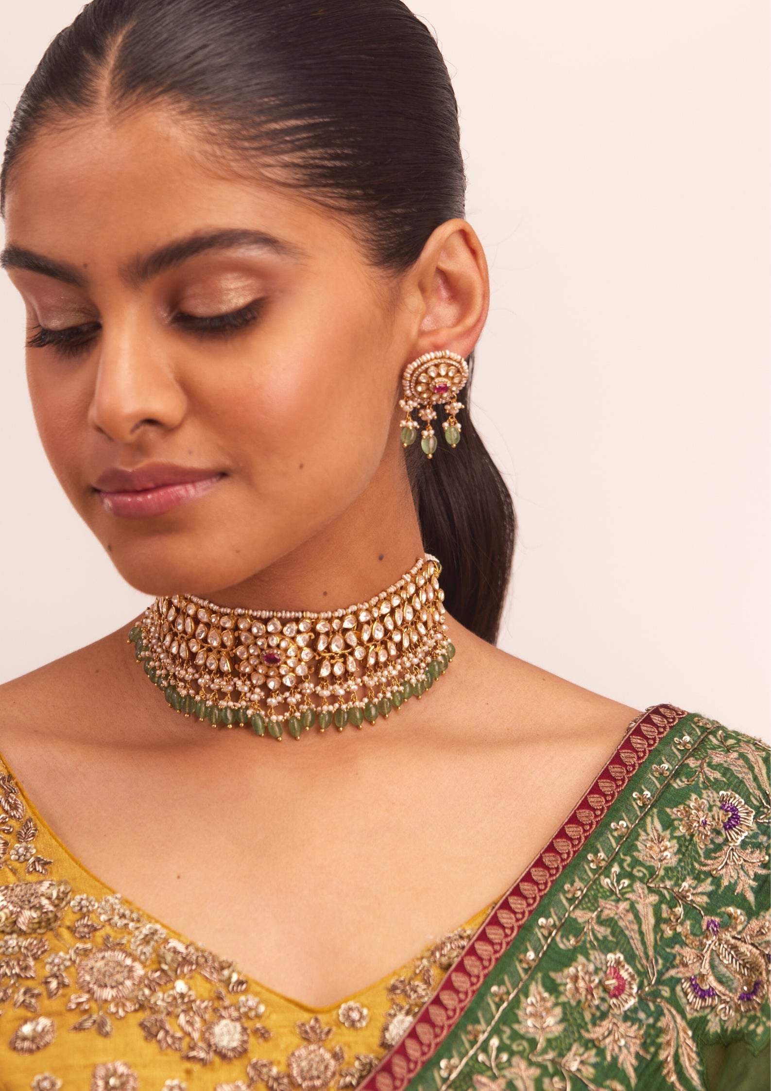 925 Silver Amasvaya Polki Choker Necklace Set - Amrrutam