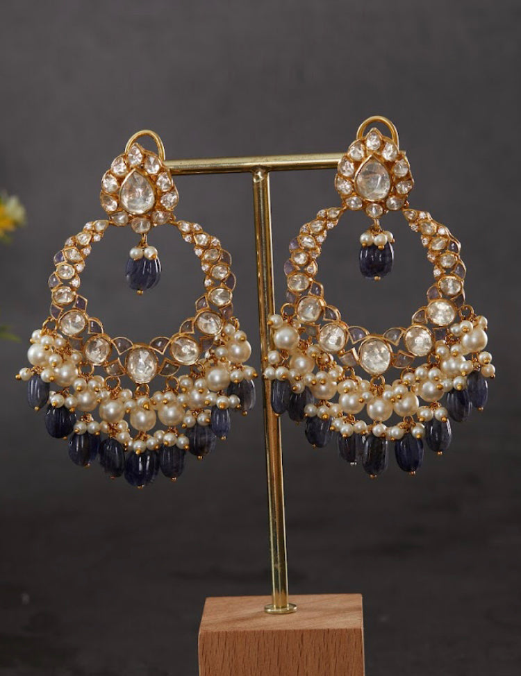 925 Silver Sakiya Polki Tanzanite Chandbali Earring - Amrrutam 