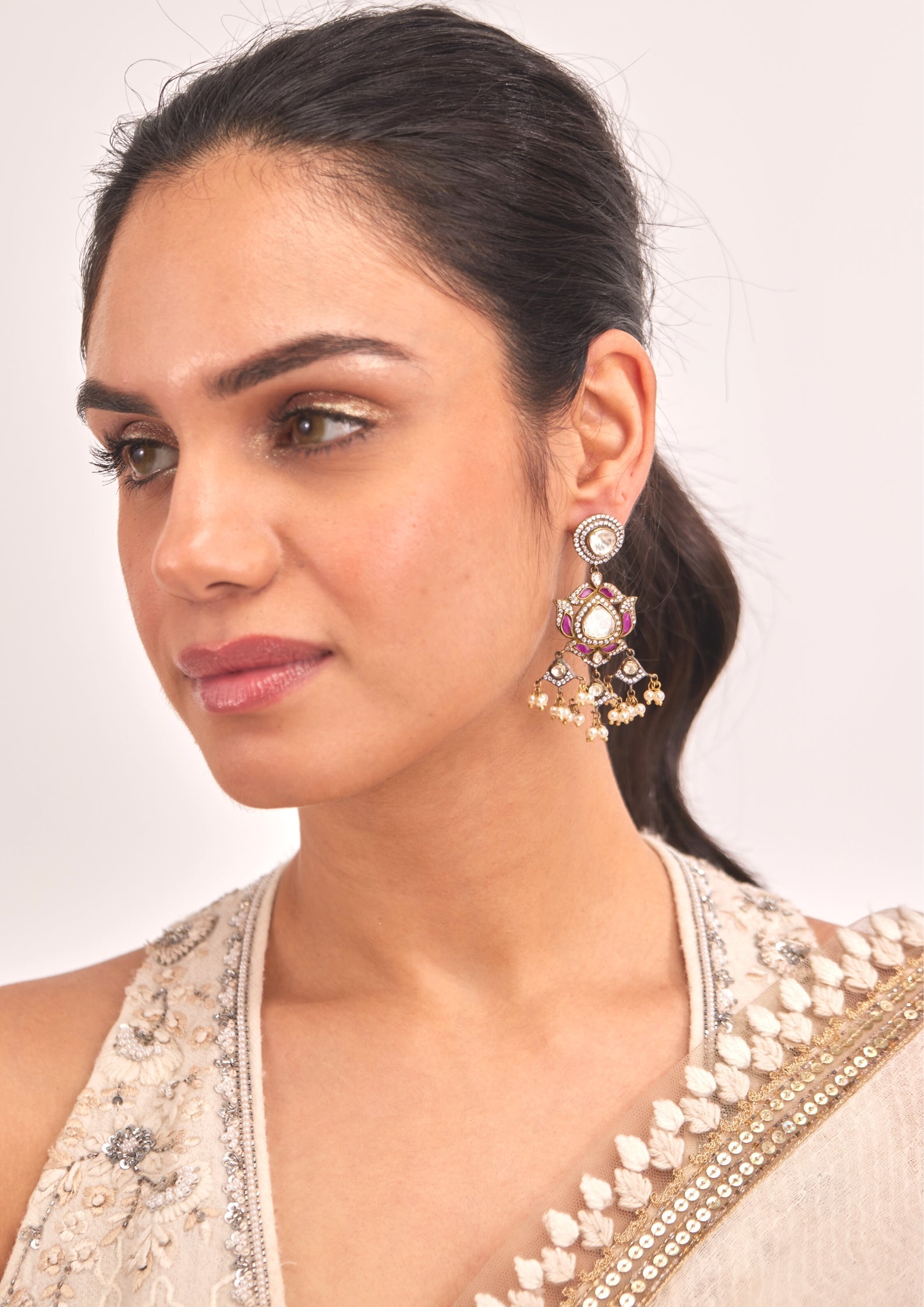 925 Silver Pink Polki Surya Chandra Earring - Amrrutam