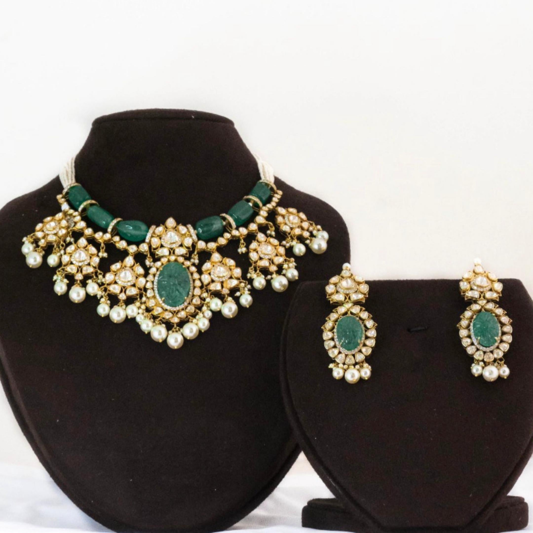 925 silver Green Polki Choker Necklace Set - Amrrutam