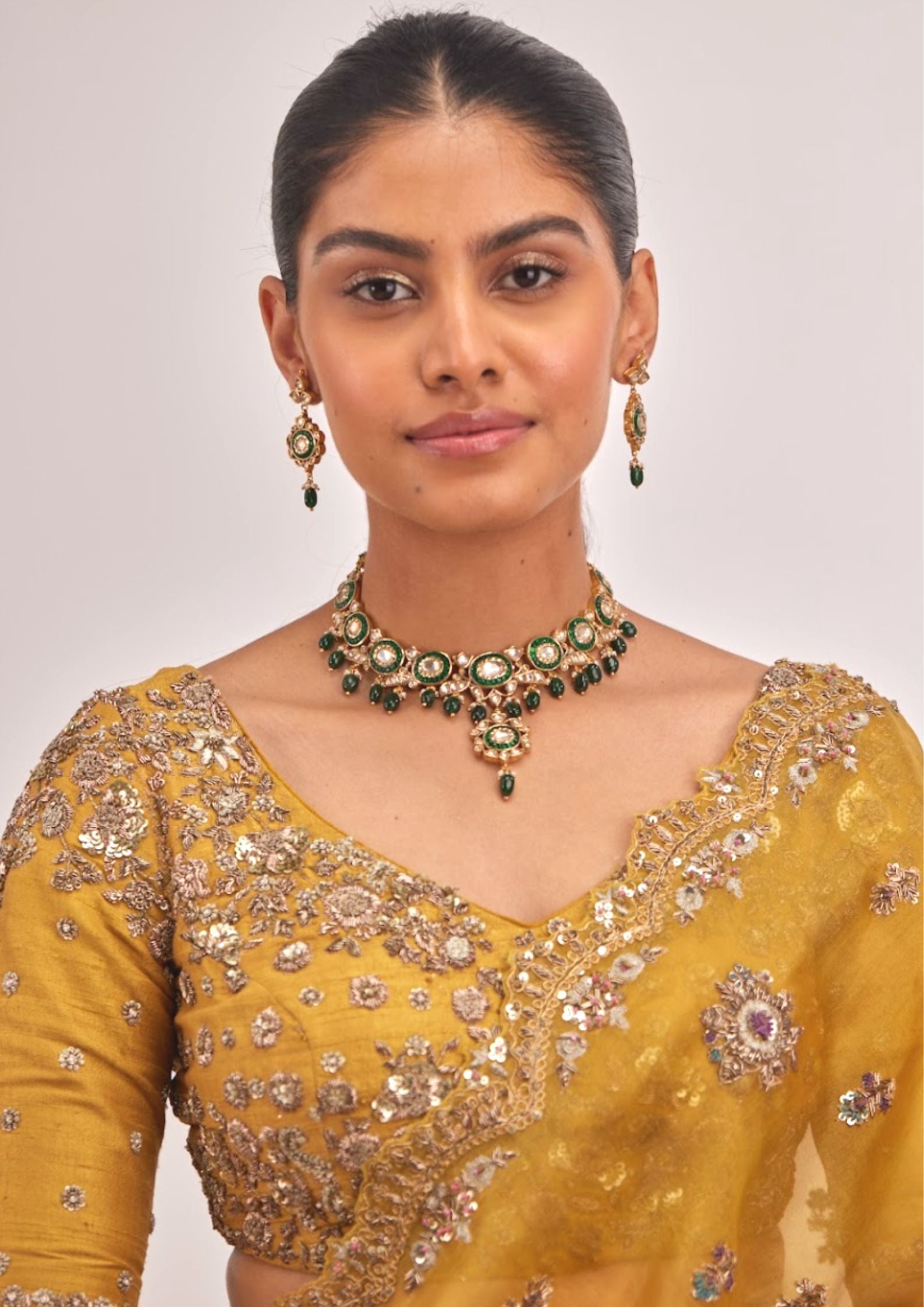 925 Silver Vanamasya Green Bidran Polki Necklace Set - Amrrutam