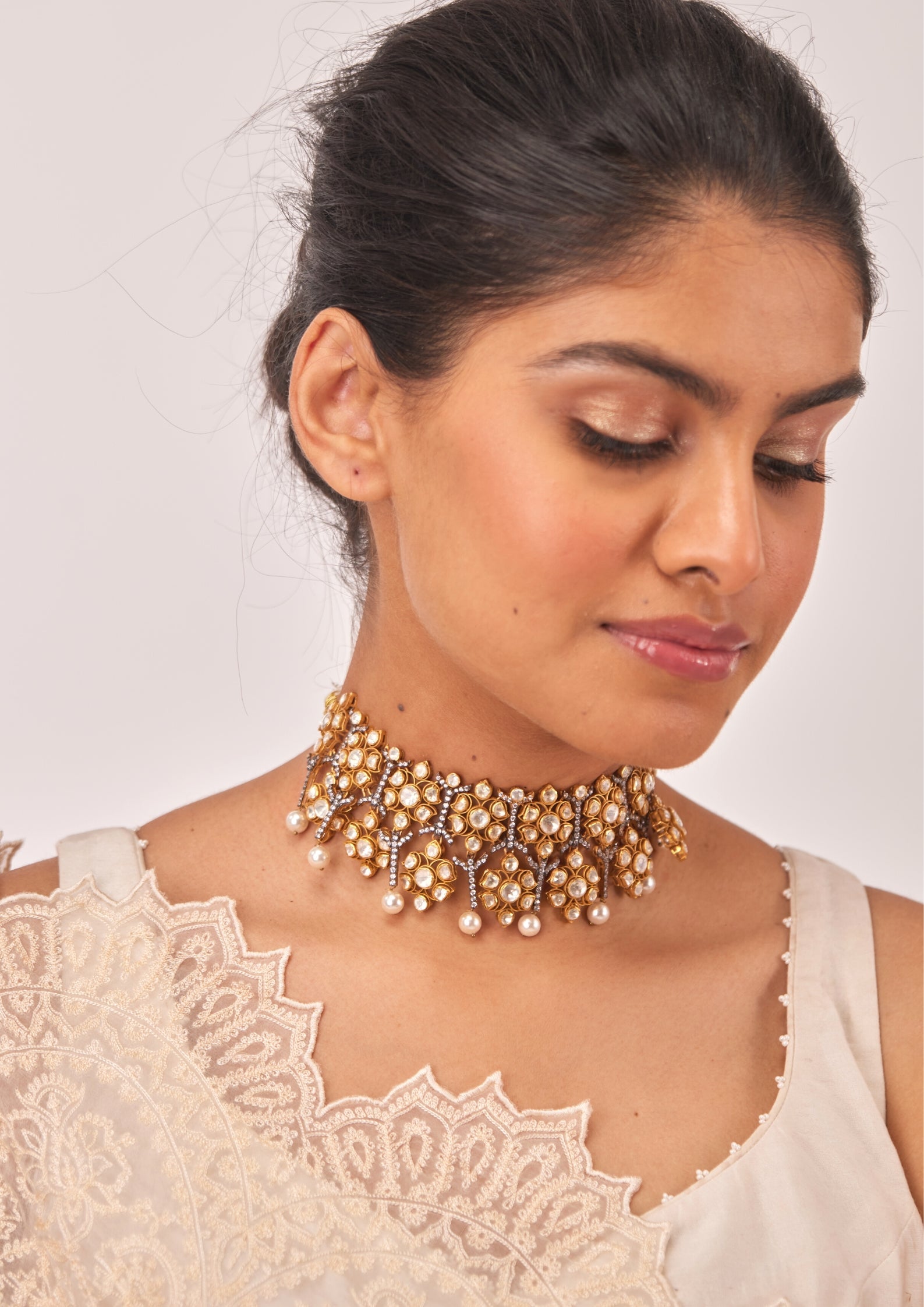 925 Silver Victorian Dual Tone Polki Choker Necklace - Amrrutam