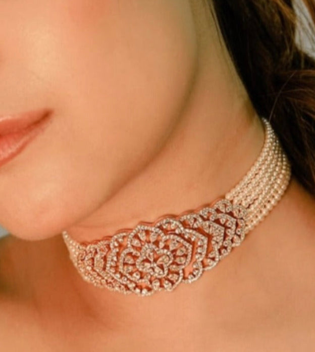 925 Silver Elegant Swarovski Pearl Choker Necklace - Amrrutam 