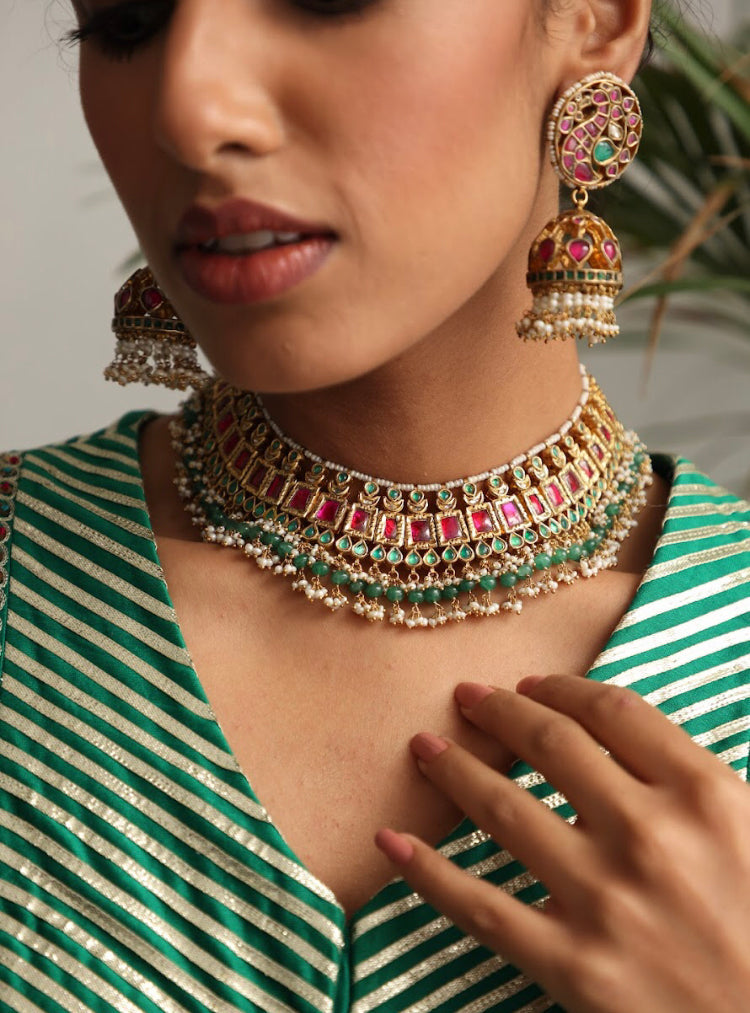 925 Silver Roopali Choker Necklace Set - Amrrutam 