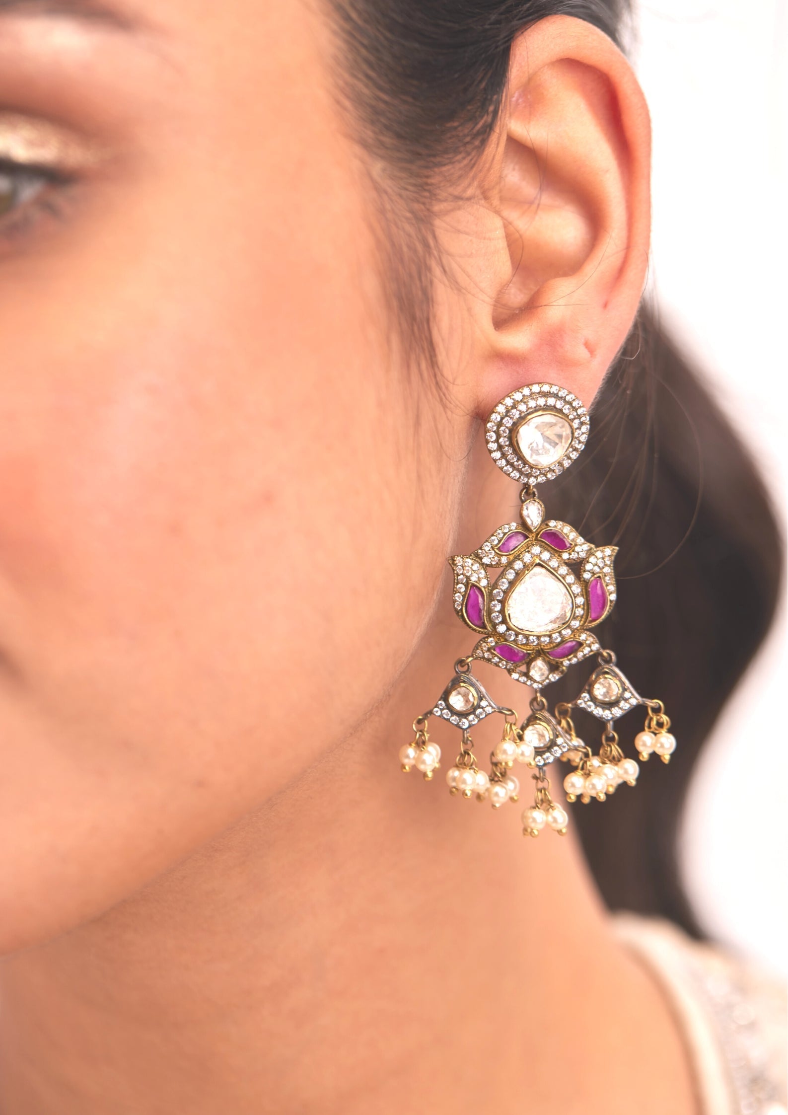 925 Silver Pink Polki Surya Chandra Earring - Amrrutam