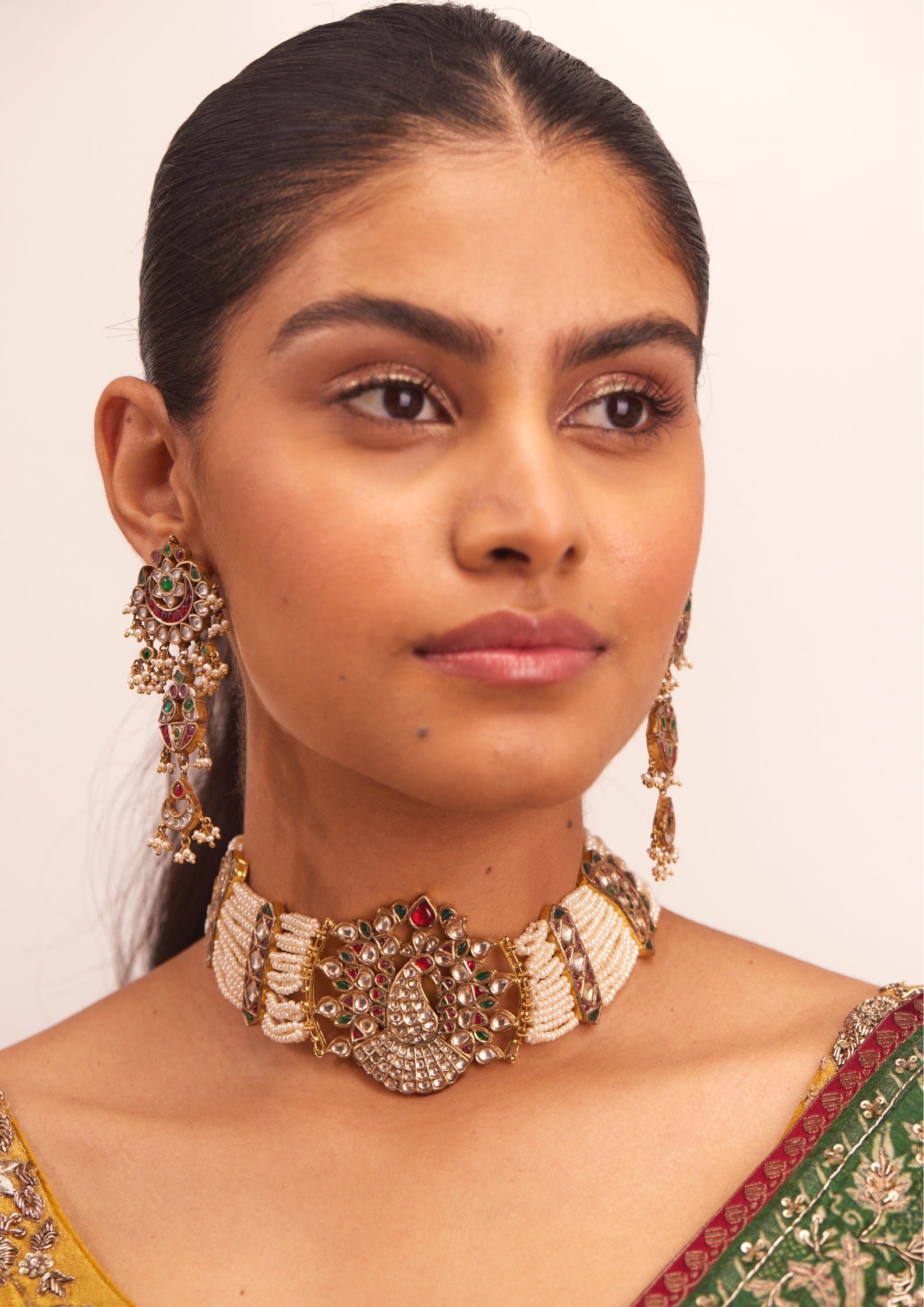 925 Silver Amasvaya Peacock Choker Necklace Set - Amrrutam