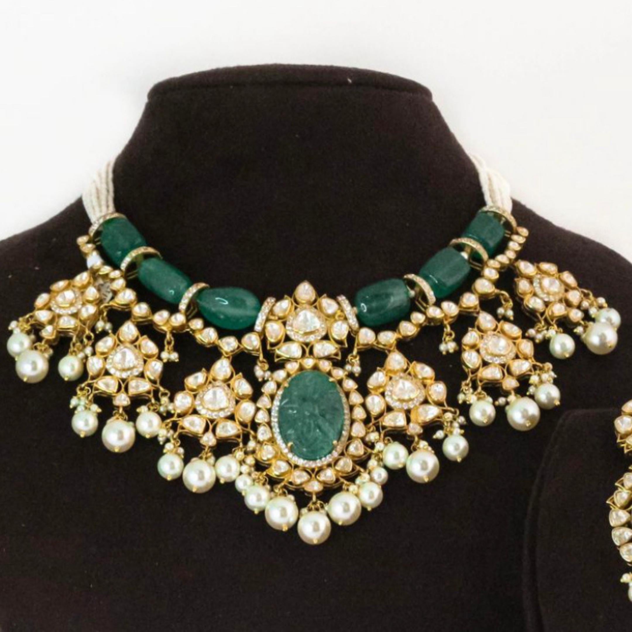 925 silver Green Polki Choker Necklace Set - Amrrutam