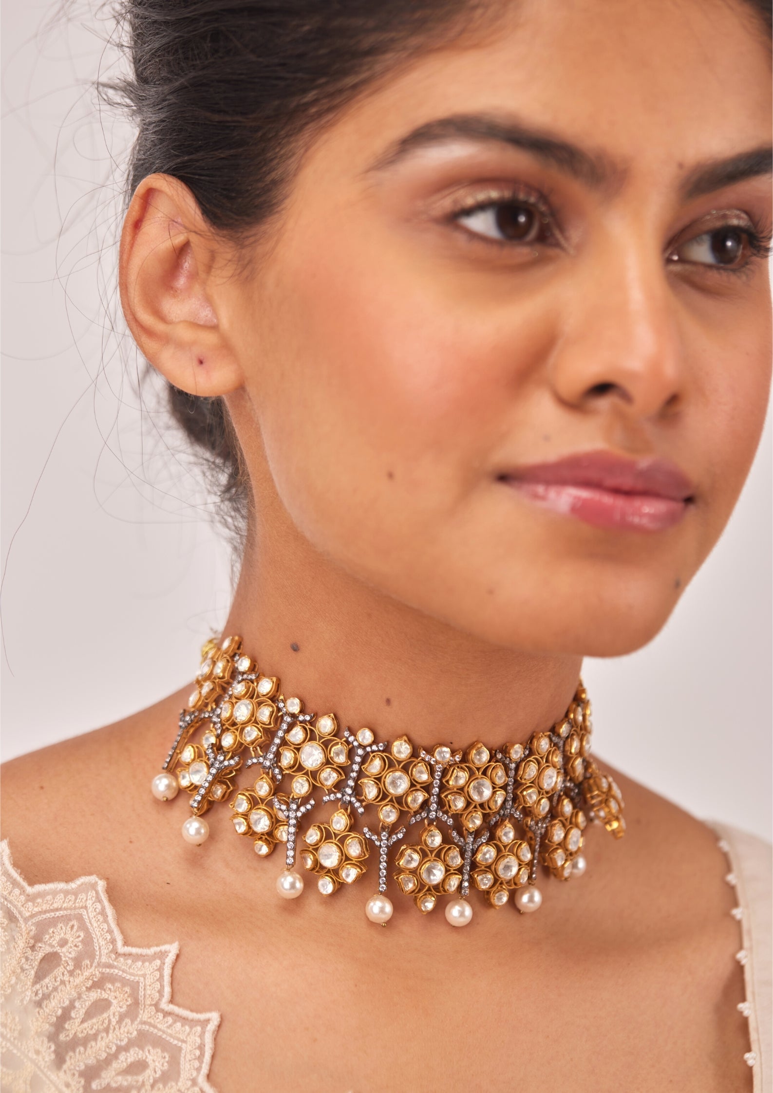 925 Silver Victorian Dual Tone Polki Choker Necklace - Amrrutam