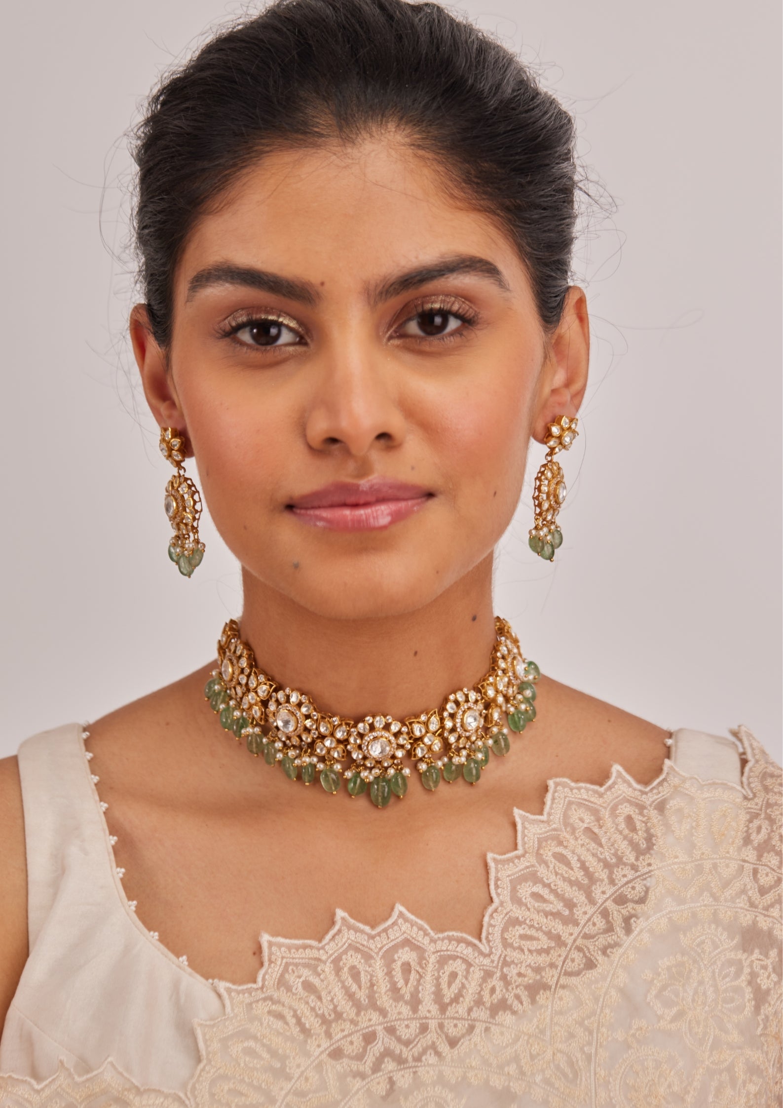 925 Silver Niyuri Green Polki Choker Necklace Set - Amrrutam