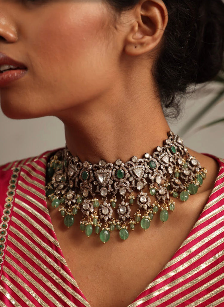 925 Silver Kashi Victorian Emerald Polki Choker Necklace - Amrrutam 