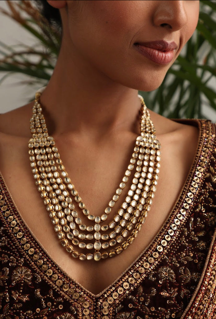 925 Silver Bavara Polki Triple Layer Long Necklace - Amrrutam 