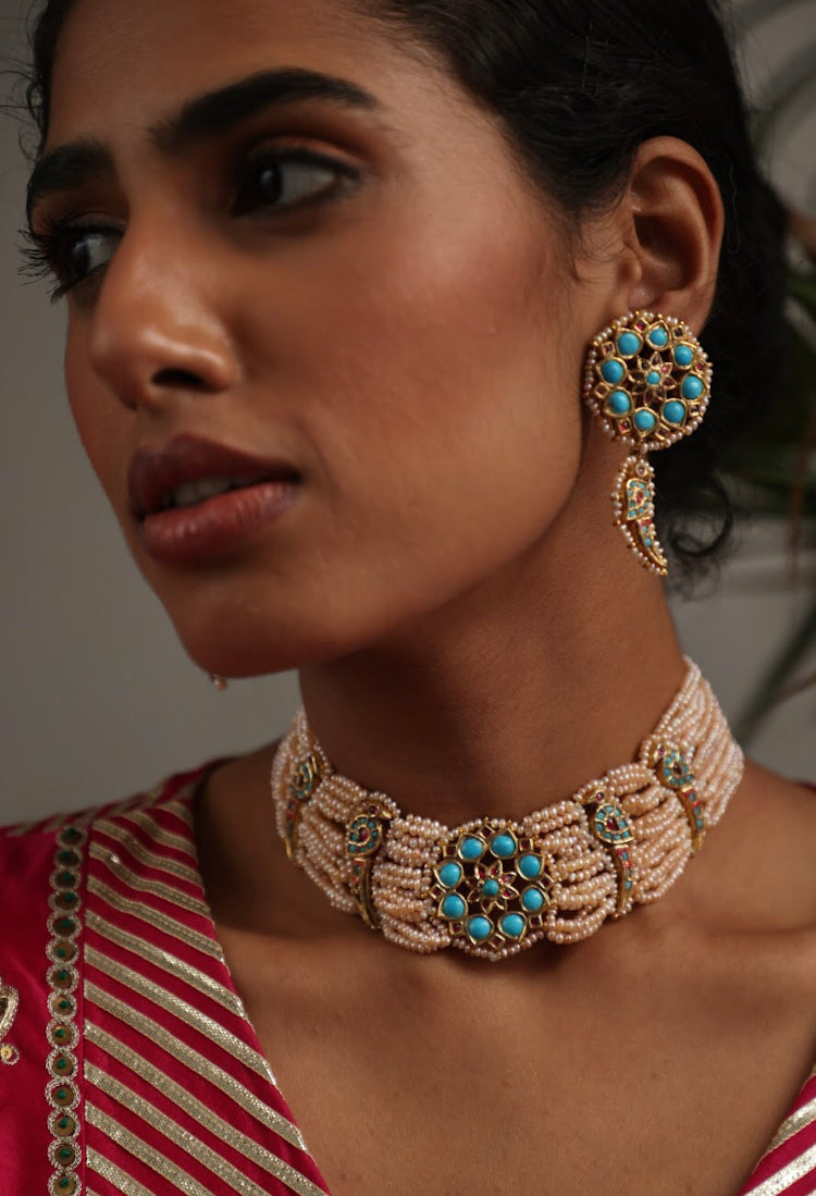 925 Silver Bavara Turquoise Peacock Choker Necklace Set - Amrrutam 