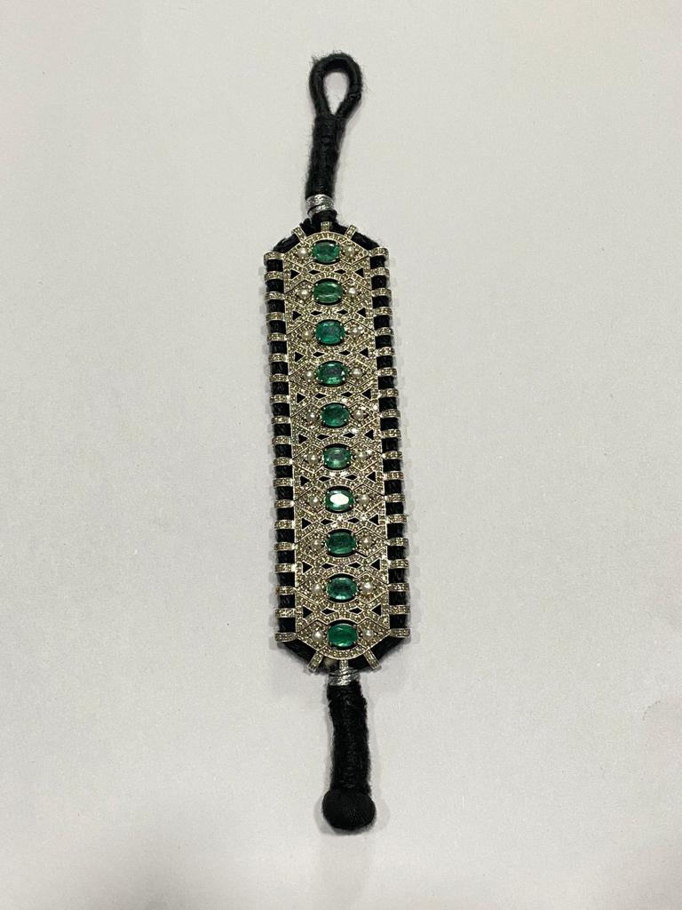 925 Silver Sylvia Emerald Pearl Pave Diamond Thread Bracelet - Amrrutam 