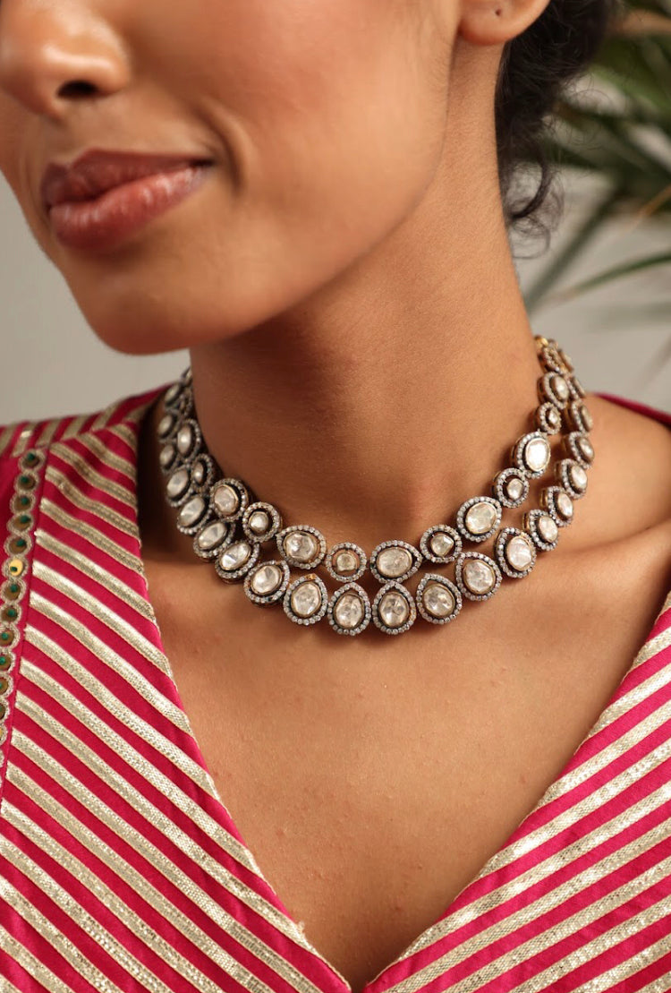 925 Silver Raza Antique Polki Necklace - Amrrutam 