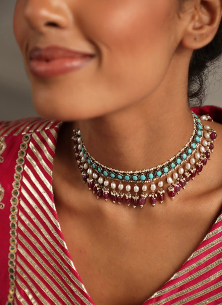 925 Silver Vintage Turquoise Choker Necklace - Amrrutam 